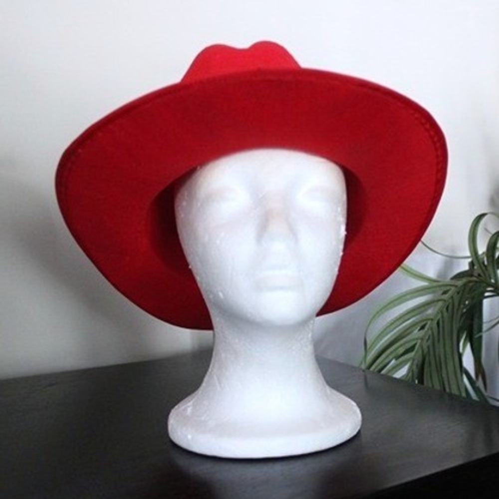 Red Wide Brim Fedora Hat Pinched Crown Flat Brim Felt Style Costume Headwear